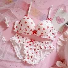 Милый японский бюстгальтер и трусики с клубничкой, комплект без косточек, мягкое нижнее белье, комплект нижнего белья для сна, Kawaii, бюстгальтер «Лолита» и комплект нижнего белья