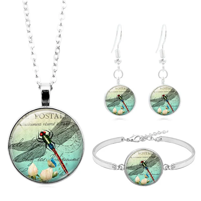 

New Products Accessories Retro Dragonfly Time Stone Necklace Set Silver Bracelets Ear Stud Jewelry Set