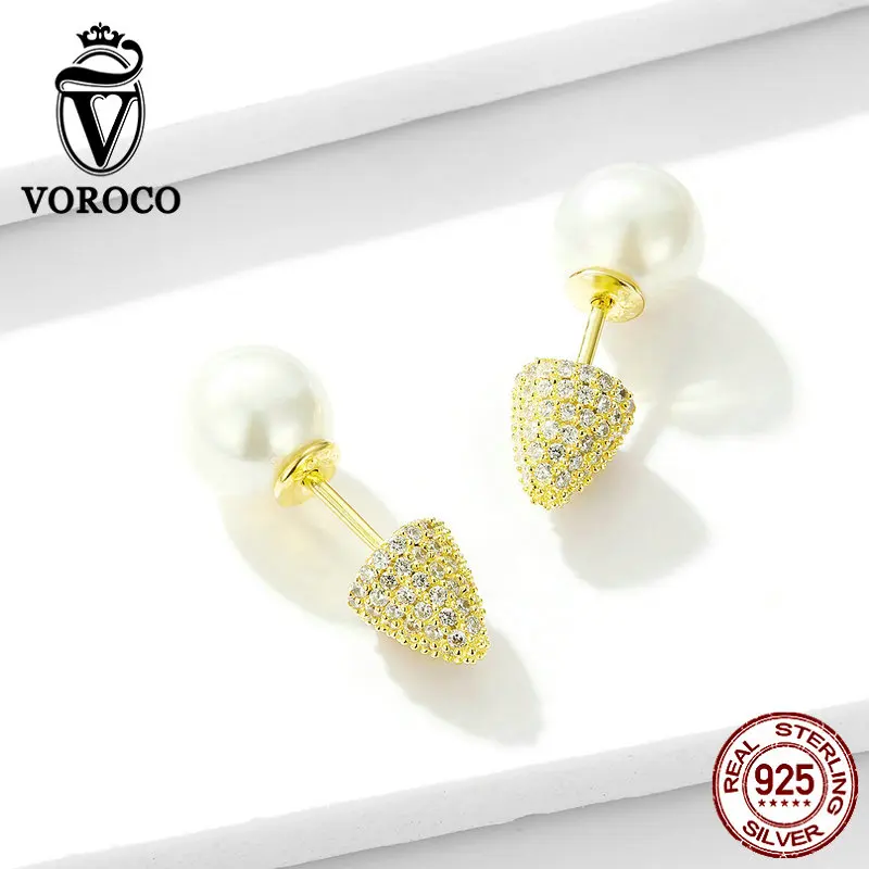 VOROCO Real 925 Sterling Silver Stud Earrings Golden Shell Pearl Elegant Earrings Original Design Fine Jewelry for Women BNE286