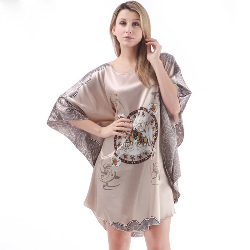 

Women Sexy Nightwear Satin Nightshirts Silk Sleepwear Bat Sleeve Knee Length Sleepshirts Nightdress Pink Night Wear Dress Gown