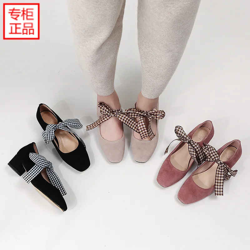 

2019 Spring New Style Modern And Trendy/women New Fashion Casual Closed-toe Bow Semi-high Heeled Loafers Chunky-Heel Shoe