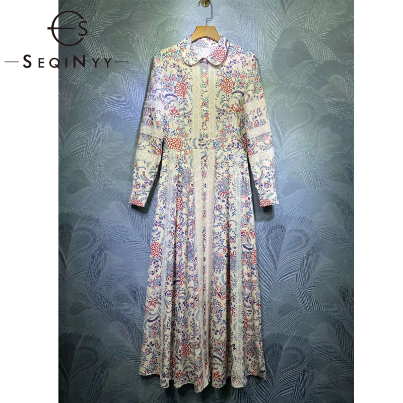 

SEQINYY Boho Dess 2020 Spring Autumn New Fashion Design Women Runway White Lace Pink Blue Flowers Print Midi Elegant