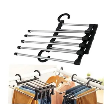 

StaInless Steel Multifunction Dual Hooks 5 Ways Pants Trousers Hanger Rack Black