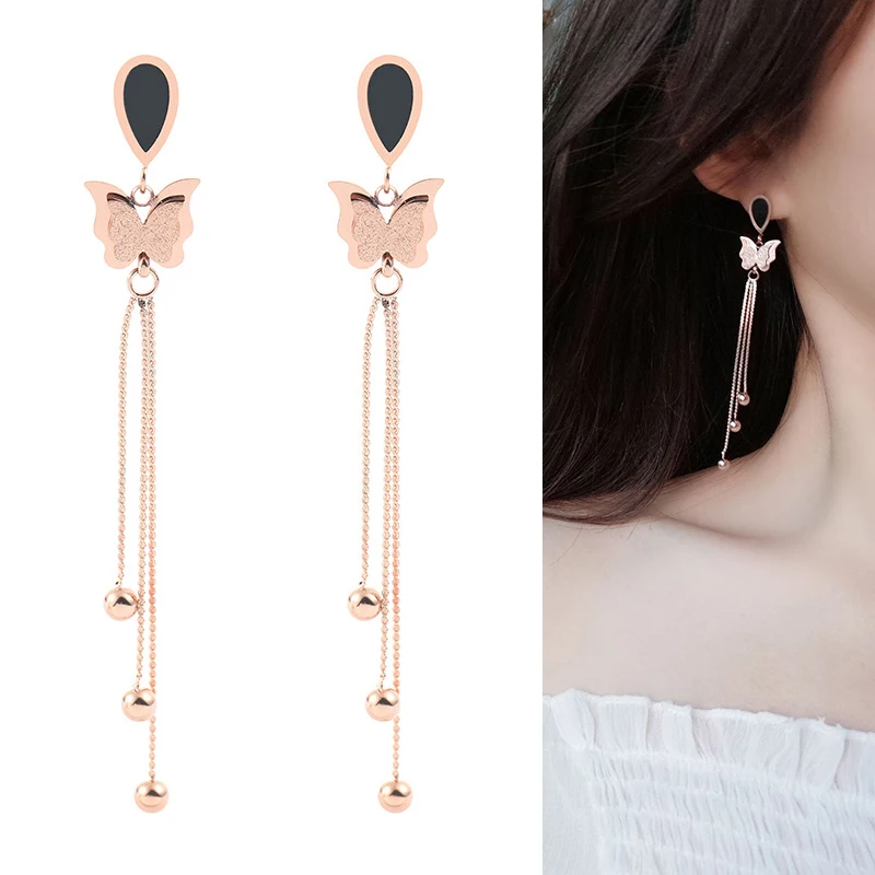 

Tassel Earrings Luxury Brand Titanium Steel Butterfly Long Drop Earrings Cute Charm Gold Big Earrings for Women 2020 Statement