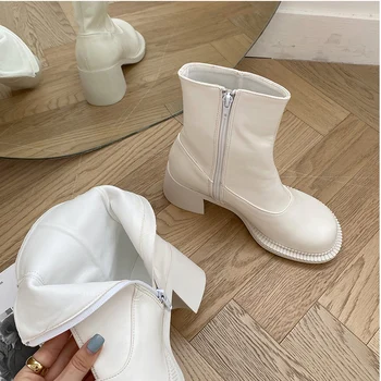 

White Women 2020 Luxury 7cm Thick High Heels Ankle Boots Round Toe Soft Leather Designer Platform Western Cowgirl Boots Shoes