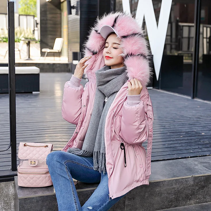 

2019 Winter Korean-style Large Size Fur Collar Cotton-padded Clothes Women's Short Hooded Slimming down Jacket Cotton-padded Clo