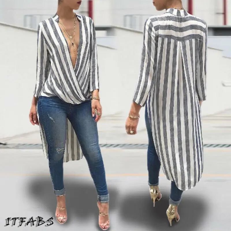 

2019 Autumn Women Long Sleeve Irregular Sexy Fashion Striped Long Deep V-Neck Shirt High Low Tunic Tops Dress