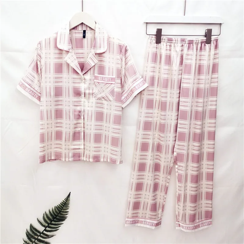Summer New Pajama Set Women's Ice Silk Short-sleeved Trousers Simple Suit Plaid Ins Nightwear