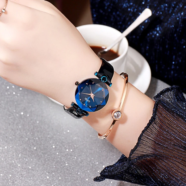 Стиль мадам наручные часы студент простой для отдыха модные тенденции черный кожаный ремешок индивидуальность с украшением в виде кристаллов женские часы