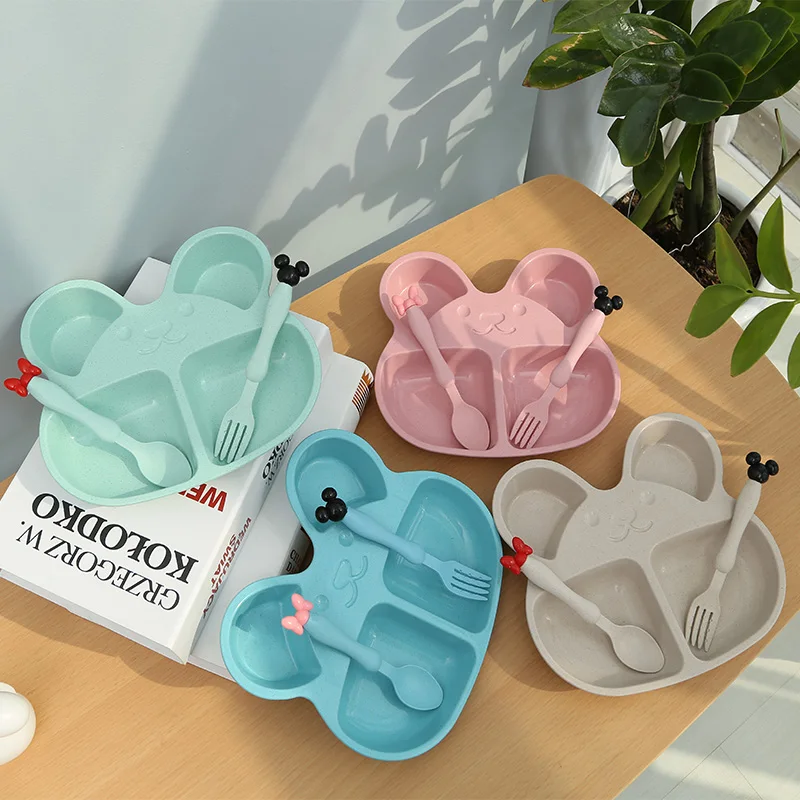 

Wheat Straw Baby Cartoon Bear Tableware Set Toddle Dinner Plate Feeding Food Dishes Children Training Bowl Spoon Fork for Kids