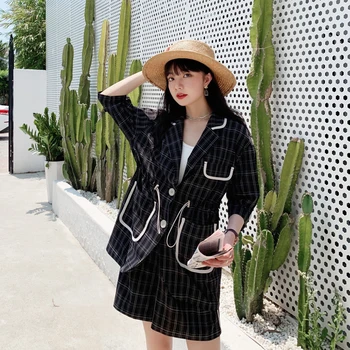 

2020 Summer Plaid 2PCS Suit Outfits Coat+shorts Women Two Piece Sets Office Lady Short Sleeve Splice Loose Coat Short Pants J05
