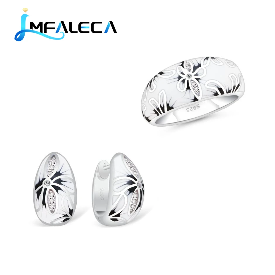 

LMFALECA Luxury Wedding 925 Sterling Silver Jewelry Sets for Women White Enamel Clip Earrings Ring Necklace Fine Gift Jewelry