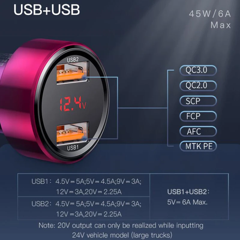 Baseus 45 Вт автомобильное зарядное устройство для iPhone samsung huawei Dual usb type C, зарядное устройство для мобильного телефона, металлическая автомобильная зарядка QC3.0 4,0, быстрая зарядка