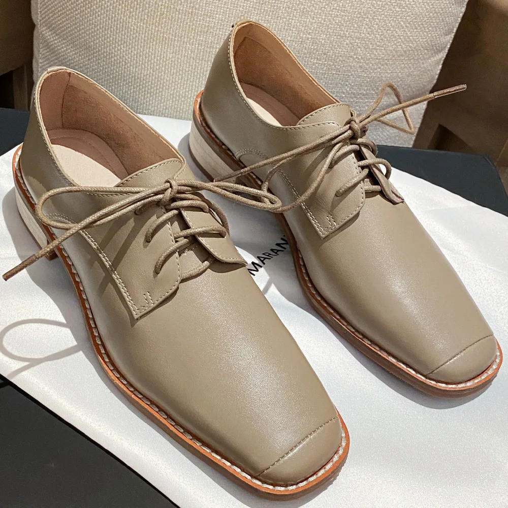 

Women's genuine leather lace-up flats oxfords square toe soft comfortable daily brogues high quality female footwear shoes women