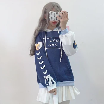 

Autumn Winter Women Japanese Soft sister Hoodie Sweatshirt Cute Cartoon Print Bandage Girls Loose Plus velvet Thicken Pullover