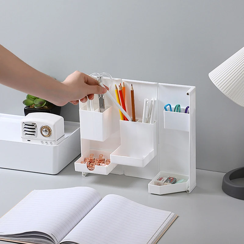 

Multi Compartment Pen Holder Foldable Table Top Cosmetic Space Storage Box Saving Box Office Desk Accessories Makeup Organizer
