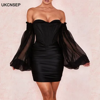 

UKCNSEP High Quality 2020 Black Slash Neck Women Dress Sexy Mesh Long Sleeve Draped Bodycon Runway Celebrity Evening Party Dress