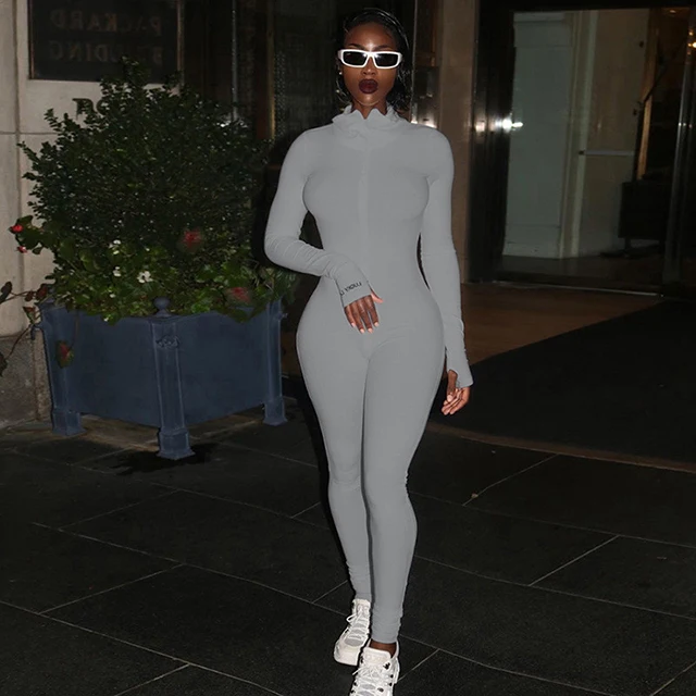 Plus Jumpsuit For Women Romper 2020 Lucky Label Long Sleeve Casual Skinny Turtleneck Catsuit Zipper Sport Wear Bodysuit Black Gray