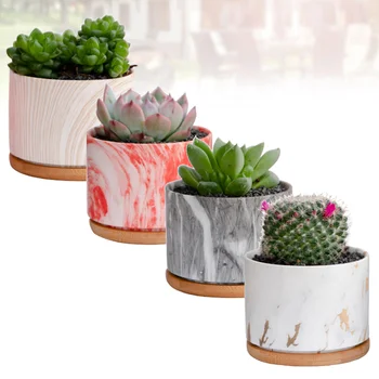 

4PCS Simple Marbling Flowerpots Creative Succulent Planter Ceramic Bonsai Pot Gardening Accessories with 4 Trays without Plant