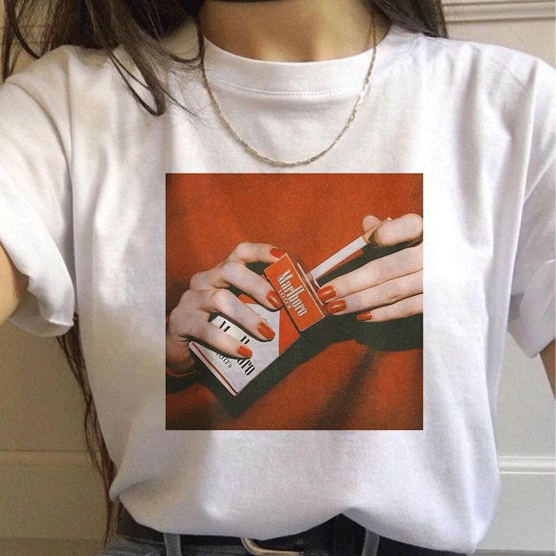 

Net Red With The Same Smoking Print Tshirt Short sleeved Loose Ulzzang Harajuku T-shirt Streetwear Aesthetic T Shirt Women Tops
