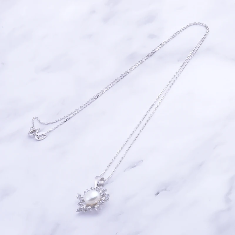 Pekurr 925 Sterling Silver Snowflake Shape Flower CZ Branch& Freshwater Natural Pearl Necklaces Pandents For Women Jewelry