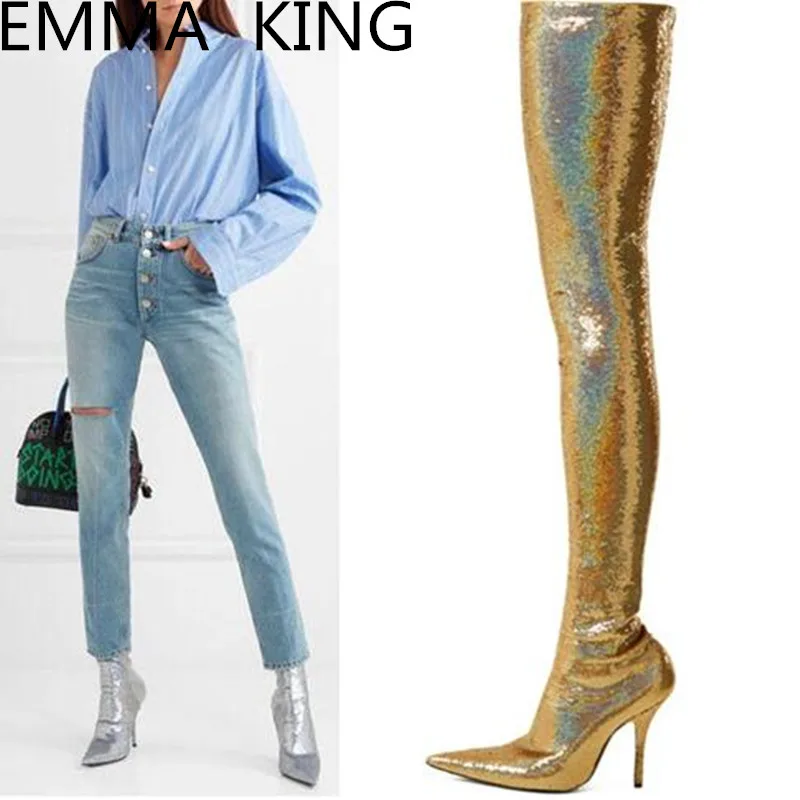 

Women Bling Bling Pointed Toe Over The Knee Boots Fine Heel Bling luxury high heel boots slim high heel boots