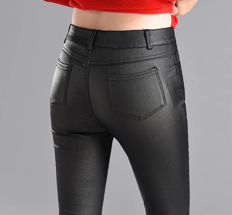 Women Thin Velvet PU Leather Pants 2019 Autumn Winter Female Sexy Pantalon Leggings Elastic Stretch Skinny Tight Faux Leather Pencil Pants Trouser Lady Trousers Black Color S XXXL High Quality Warm Ladies Streetwear (14)