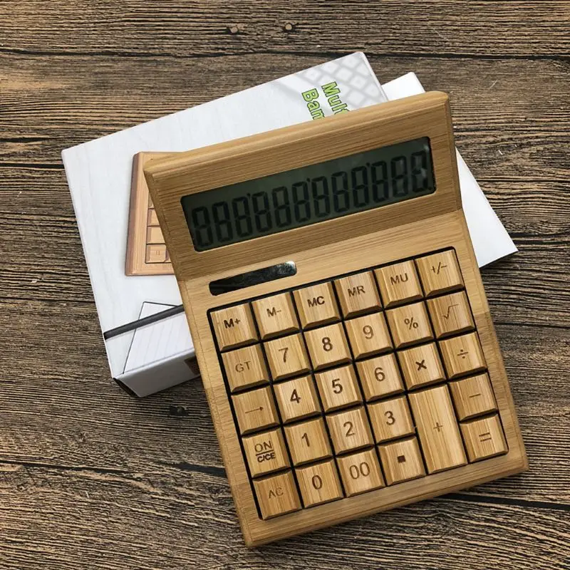 Functional Desktop Calculator Solar Power Bamboo Calculators with Large Display E65A 5