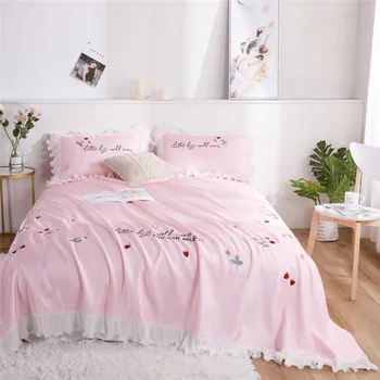 

Wonderlife sleeping mat Sweet strawberry Bed Sheet Luxury Chiffon fish tail lace Embroidery thin bedspread Pillowcases 4pcs