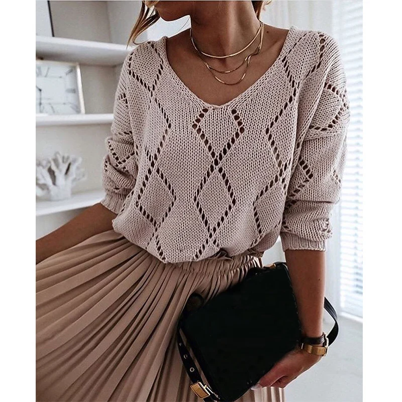 black sweater Ladies Sexy Off-shoulder Knitted Sweaters Autumn Long-Sleeved Sweater Pullovers Ladies Elegant Loose Openwork Pullovers Tops brown sweater