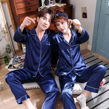 

Lovers Pajamas Suit Sleepwear Sleep Set 2PCS Long Sleeve Turn-down Collar Casual Satin For Couple Softy Home Clothing Top&pants