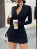 Macheda Elegant Autumn Winter Black Bodycon Dress Women 2022 Turtleneck Slim Ribbed Knitted Long Sleeve Mini Dress Vestido 1