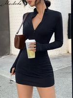 Macheda Elegant Autumn Winter Black Bodycon Dress Women 2022 Turtleneck Slim Ribbed Knitted Long Sleeve Mini Dress Vestido 1