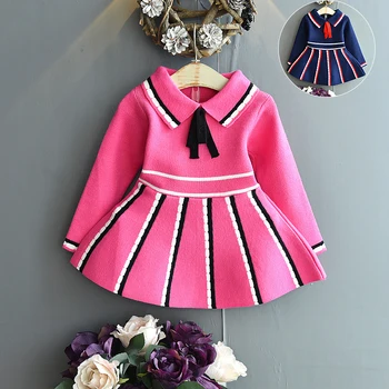 

Baby girl winter knitted sweater dress princess skirt college style striped sweater dress baby girl thick sweater warm dress