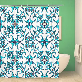 Cortina de ducha para baño, bonito patrón de colores y azulejos portugués Azulejo adornos marroquíes, tela de poliéster 72x72 pulgadas