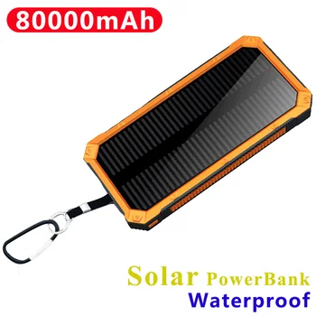 Banco de energía Solar impermeable, 80000mAh, puerto USB, cargador externo adecuado para teléfono inteligente, Banco de energía con luz LED