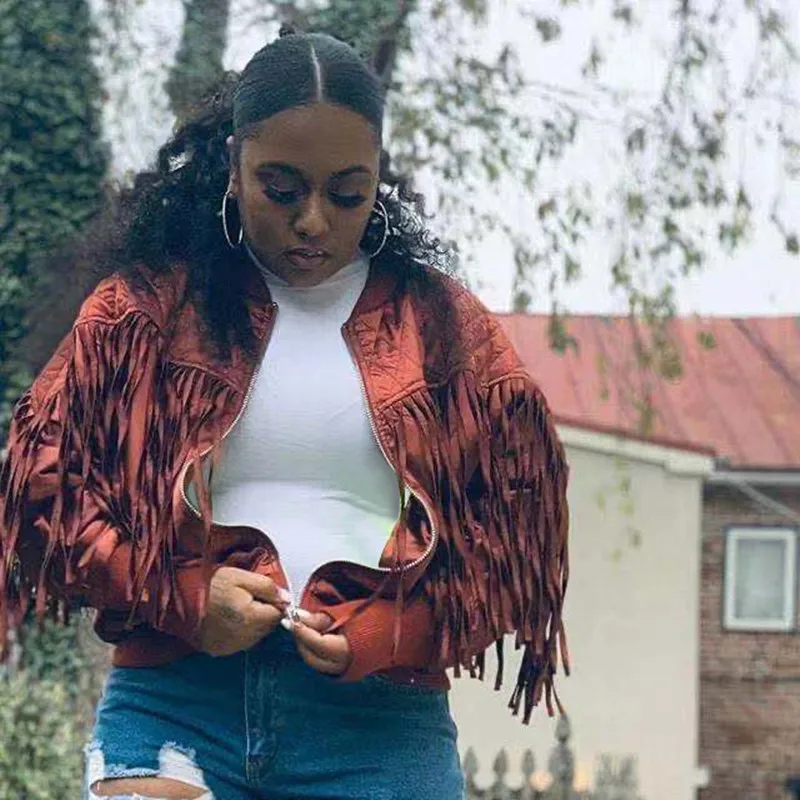 2020 Winter Women Fashion O-Neck Zipper Full Sleeve Casual High Street Sexy Night Club Tassel Coats Short Solid Jackets | Женская одежда