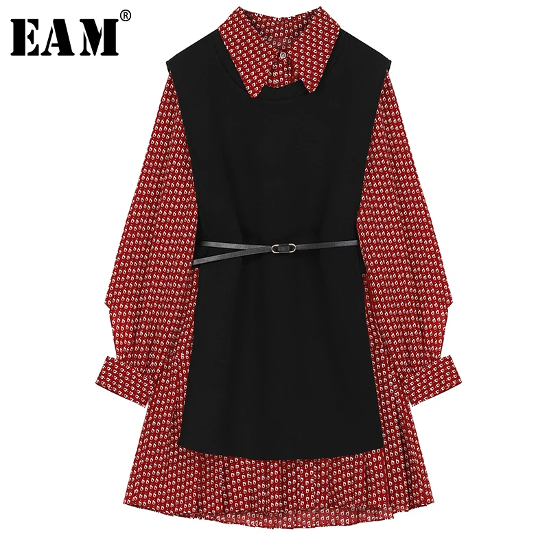 

[EAM] Women Pattern Printed Temperament Two Piece Dress New Lapel Long Sleeve Loose Fit Fashion Tide Spring Autumn 2020 1R9100