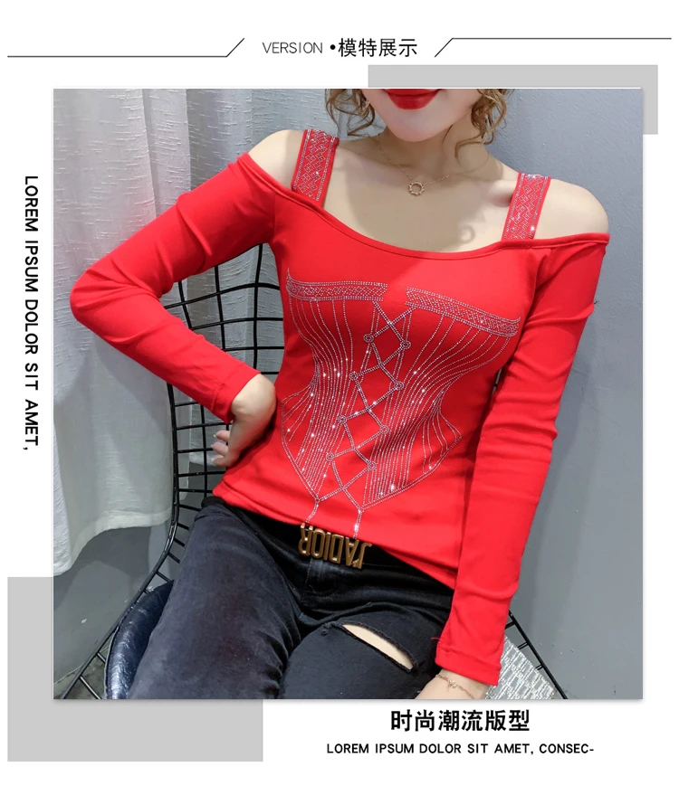 2020 Autumn new woman tshirts Fashion sexy off the shoulder women t-shirt long sleeve Hot drilling plus size women clothing