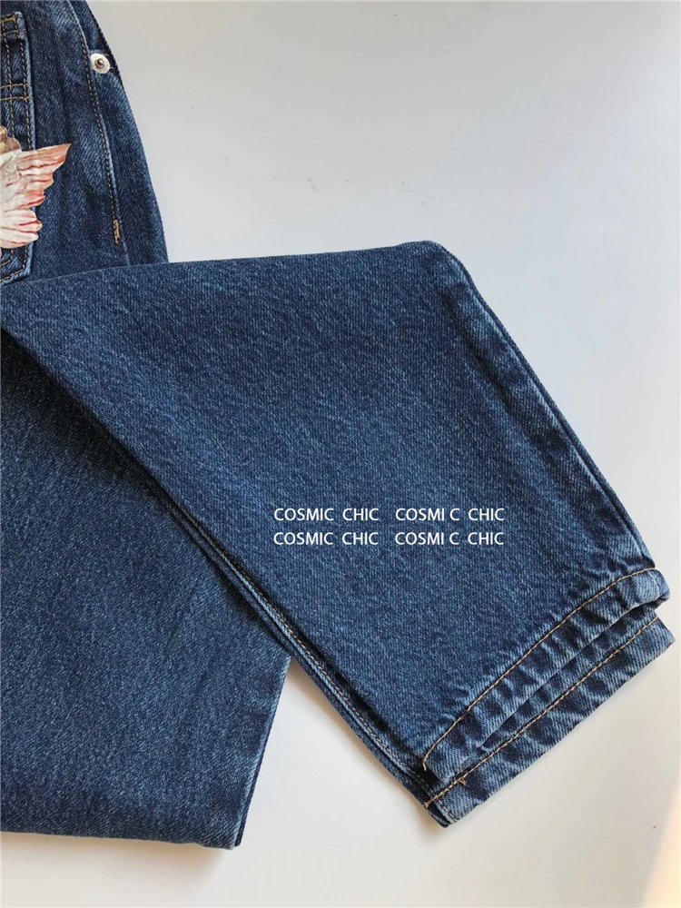 Cosmicchic, женские винтажные джинсы с высокой талией, с принтом ангелы-близнецы, узкие брюки-карандаш, повседневные джинсы, Femme