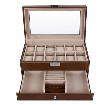 

12 Slots Watch Box Mens Watch Organizer Lockable Jewelry Display Case with Real Glass Top Faux Leather Brow
