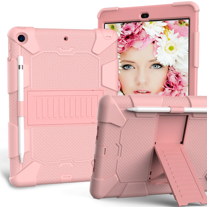 Прочный силиконовый чехол с подставкой и карандашом для iPad 10,2 7-го поколения, противоударный защитный чехол+ ручка - Цвет: rose gold