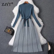 Модное осенне-зимнее женское платье, новинка, подиумное дизайнерское платье с длинным рукавом, на шнуровке, в полоску, алиновое вязаное платье-свитер, Повседневное платье