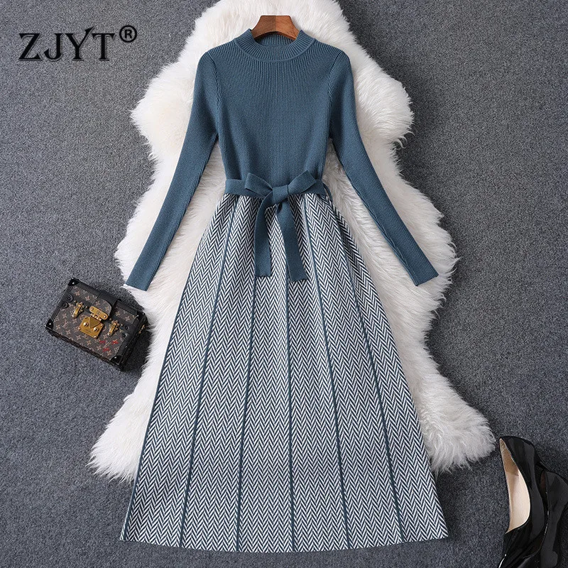 

Fashion Autumn Winter Dress Women 2019 New Runway Designer Long Sleeve Lace Up Striped Aline Knit Sweater Dress Casual Vestidos