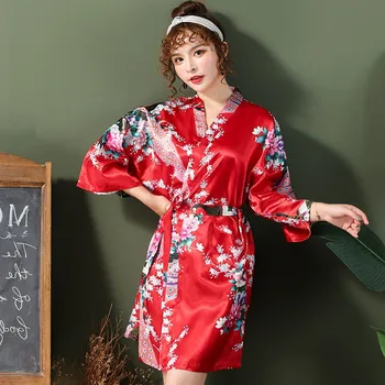 

Kimono Gown Silky Sexy Bride Wedding Robe Satin Bathrobe Sleepwear Negligee V-Neck Short Lounge Nightwear Home Clothing