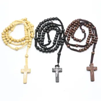 

New Cross Vintage Style Men's Wear Women's Catholic Christ Wood Rosary Beads Cross Pendant Necklace 4 Colors Dropshipping TSLM2