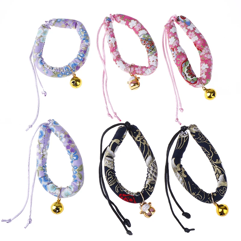 Japanese Style Handmade Adjustable Dog Cat Collar Printed Necktie Necklace With Bell for Puppy Kitten Pet Cat Accessories