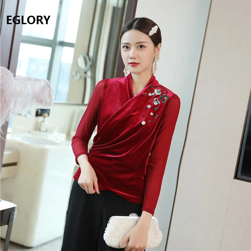 

2019 Autumn Winter Fashion Tops & Tees Women V-Neck Floral Embroidery Long Sleeve Velvet Tops Wine Red Grey Black Tshirt Female