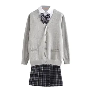 

Preppy Style Women Cardigan Comfort Soft Long Sleeve Daily Leisure Knitted Tops and Shirt Bow Tie and Skirt Suits