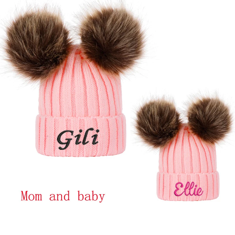

Personalized Mom and Baby Beanie with Double Pom Pom Embroidered Name Warm Hat Knit Beanie Custom Hats Set - 2pcs Free Shipping